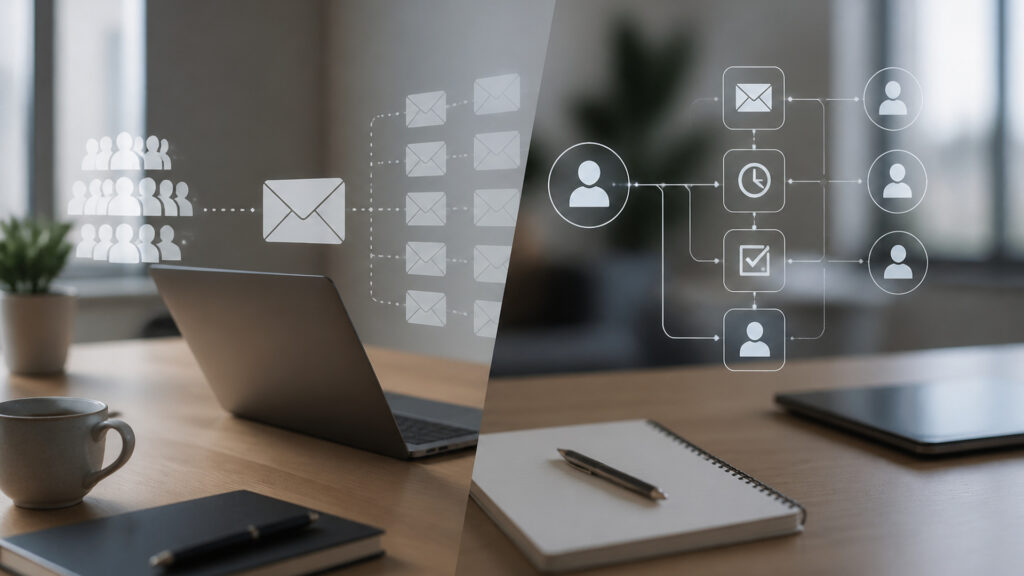 Editorial business scene illustrating email marketing software and sales automation software