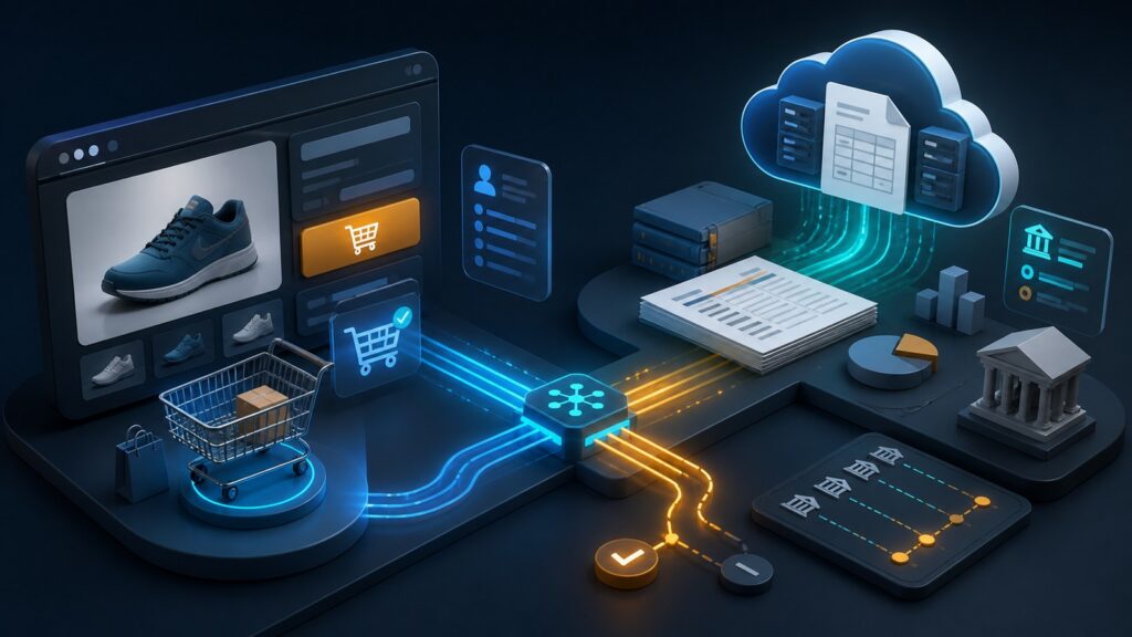 Editorial business scene illustrating embedded shopping cart tools and cloud accounting software