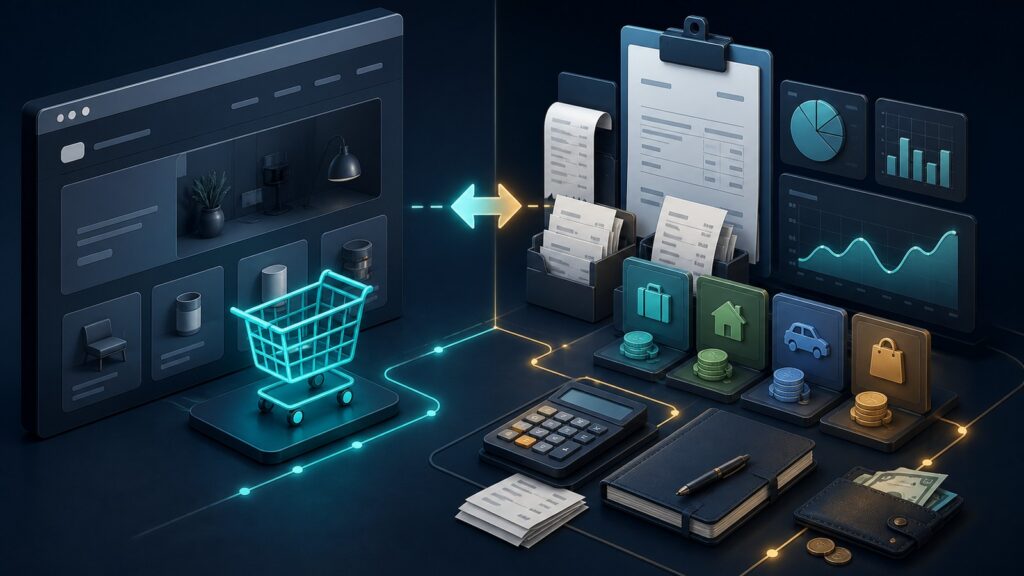 Editorial business scene illustrating embedded shopping cart tools and freelancer accounting software