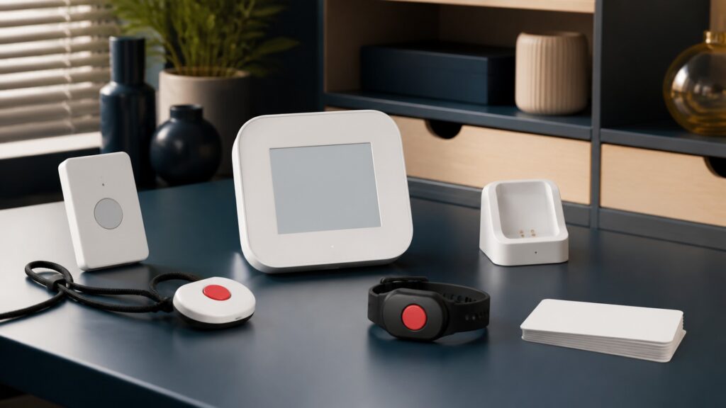 People-free editorial still life illustrating wearer-initiated help routing through a call center or trusted contact contrasted with passive nursery sensing of estimated respiratory motion