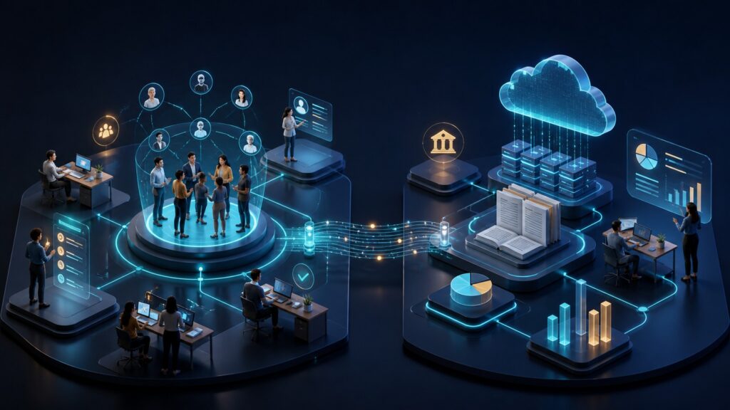 Editorial business scene illustrating employee management software and cloud accounting software