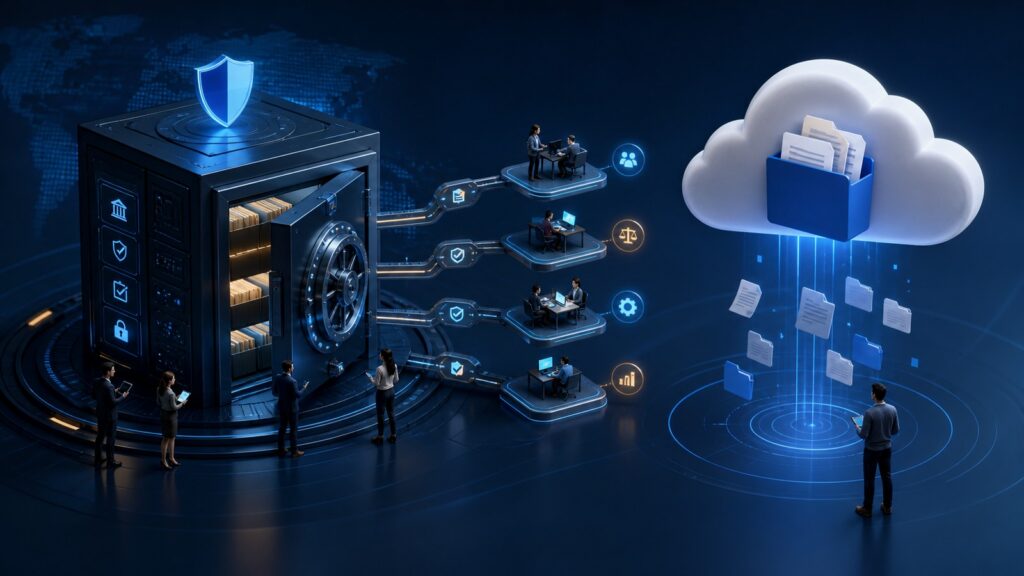 Editorial business scene illustrating enterprise document management software and cloud document management systems