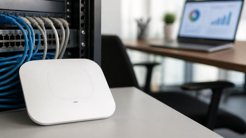 Editorial business scene illustrating enterprise wireless access points and cloud accounting software