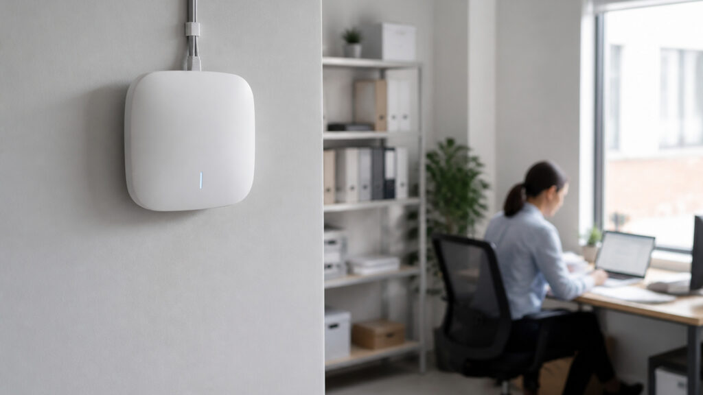 Editorial business scene illustrating enterprise wireless access points and freelancer accounting software