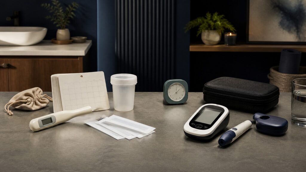 People-free editorial still life illustrating cycle-marker detection versus glucose measurement