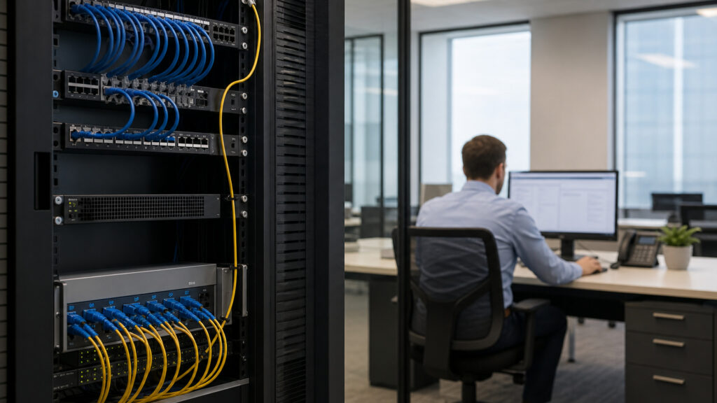 Editorial business scene illustrating fiber business internet and cloud accounting software