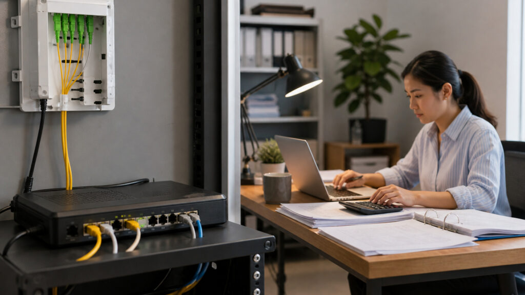 Editorial business scene illustrating fiber business internet and freelancer accounting software
