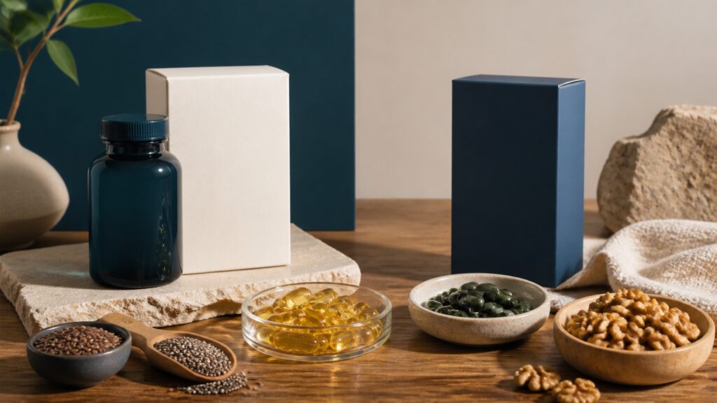 People-free editorial still life illustrating fish oil supplements different from plant-based omega supplements