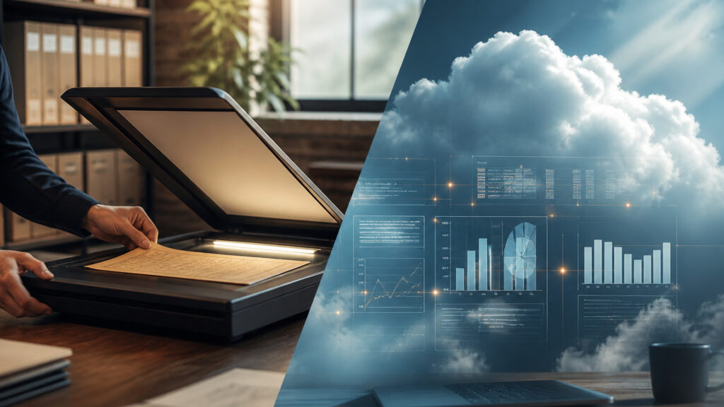 Editorial business scene illustrating flatbed document scanners and cloud accounting software
