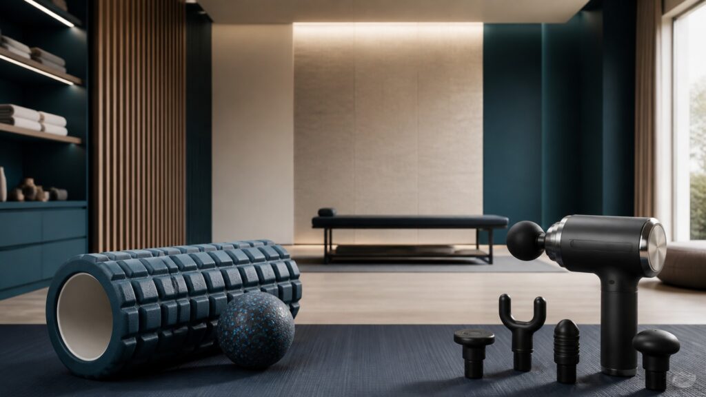 People-free editorial still life illustrating foam rollers different from massage guns