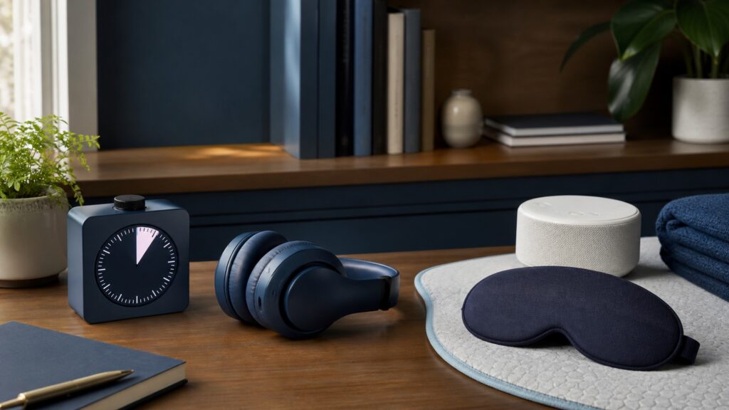 People-free editorial still life illustrating daytime attention aids contrasted with rest-environment tools