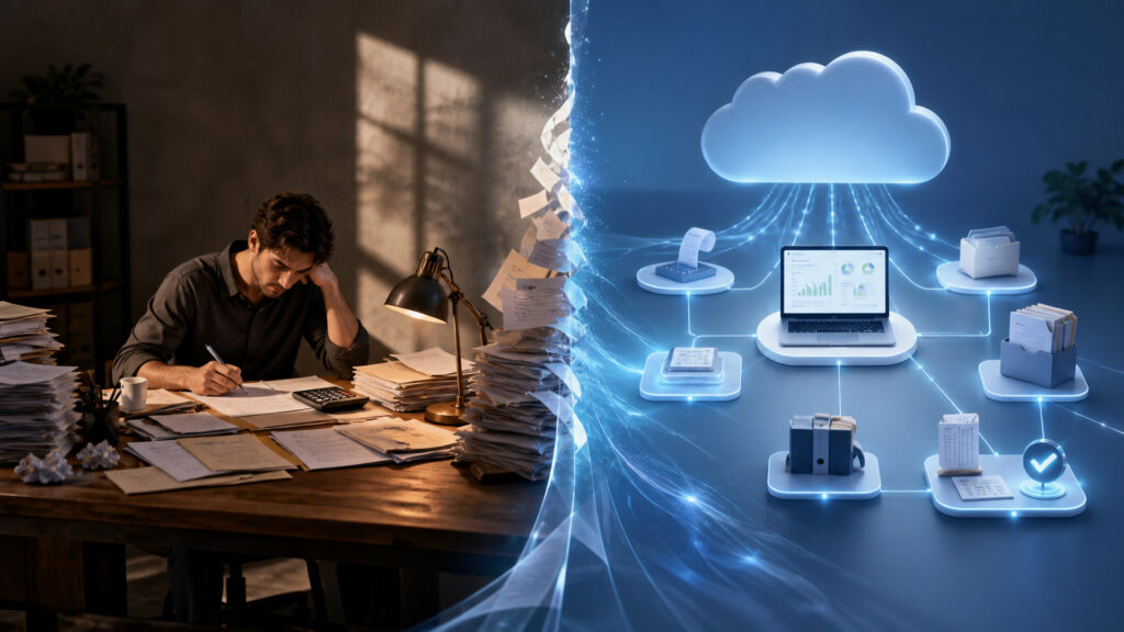 Editorial business scene illustrating freelancer accounting software and cloud accounting software