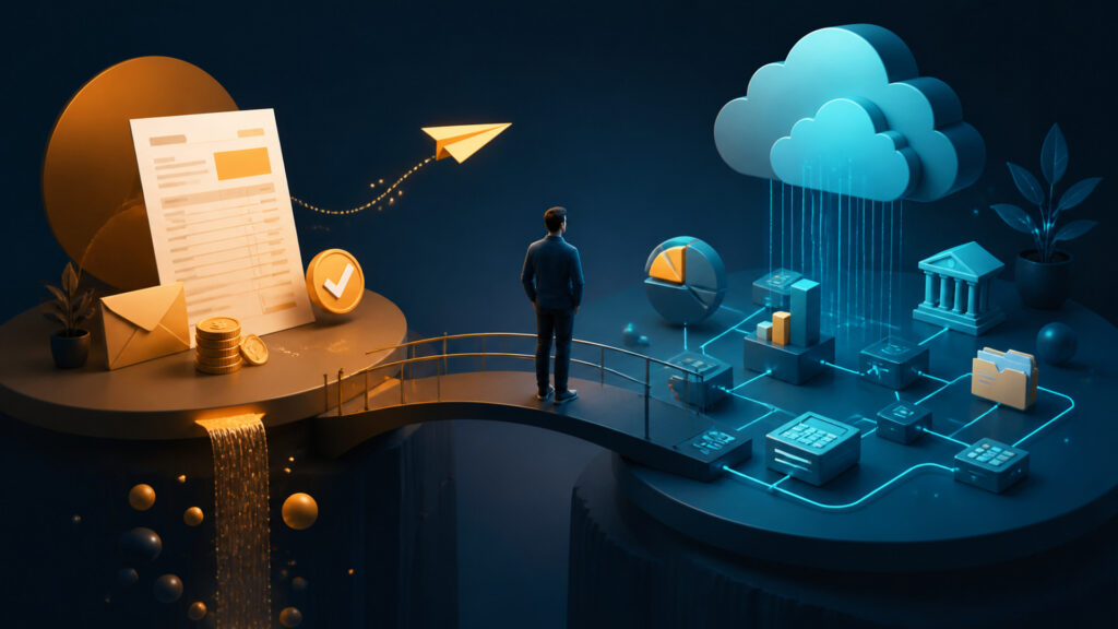 Editorial business scene illustrating freelancer invoicing software and cloud accounting software