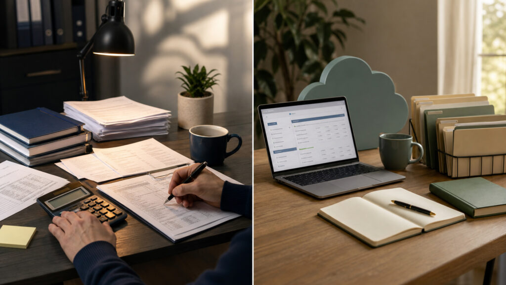 Editorial business scene illustrating freelancer tax software and cloud accounting software