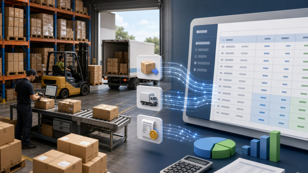 Editorial business scene illustrating fulfillment services and accounting software