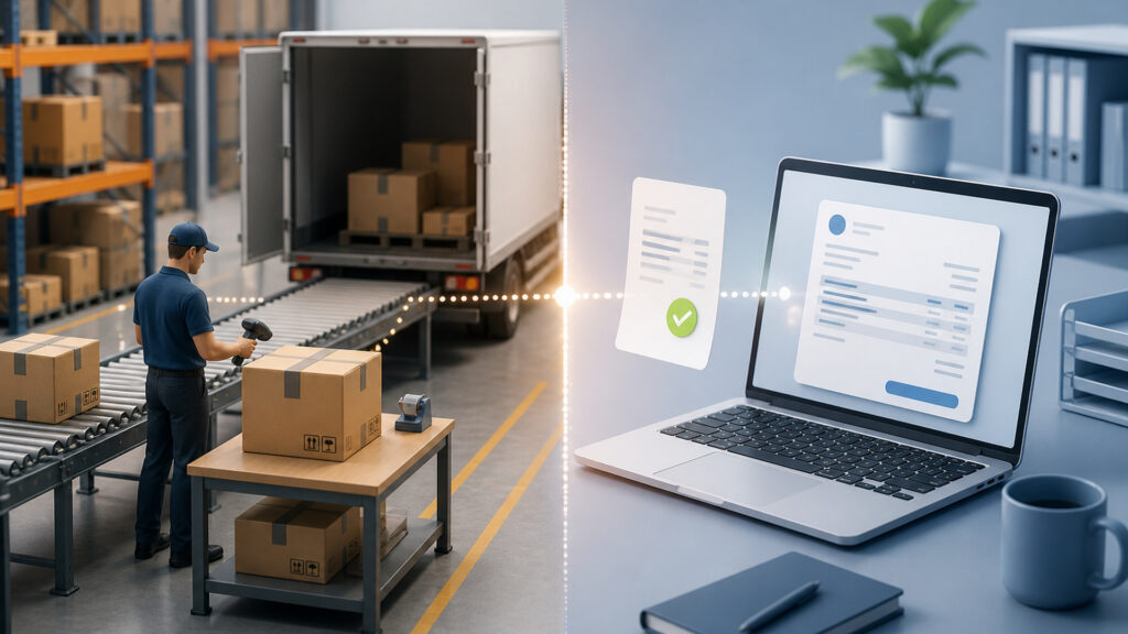 Editorial business scene illustrating fulfillment services and invoicing software