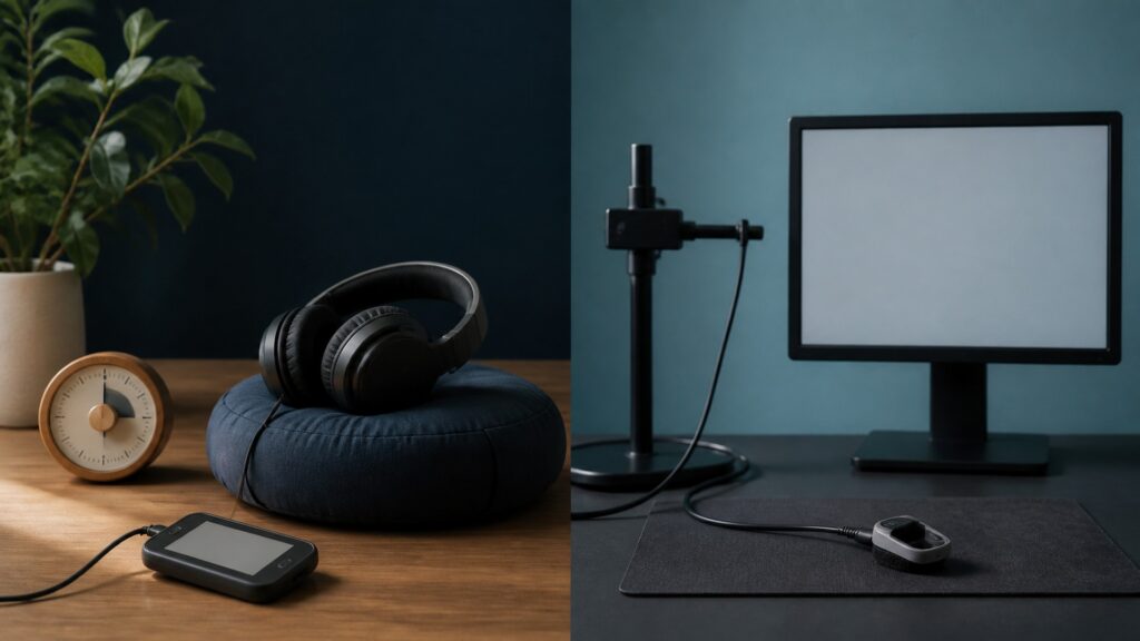 People-free editorial still life illustrating guided meditation different from biofeedback training