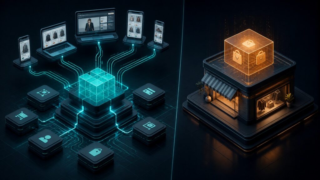 Editorial business scene illustrating headless ecommerce platforms and hosted ecommerce platforms