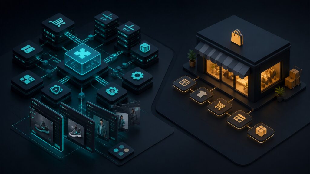 Editorial business scene illustrating headless ecommerce platforms and small business ecommerce platforms