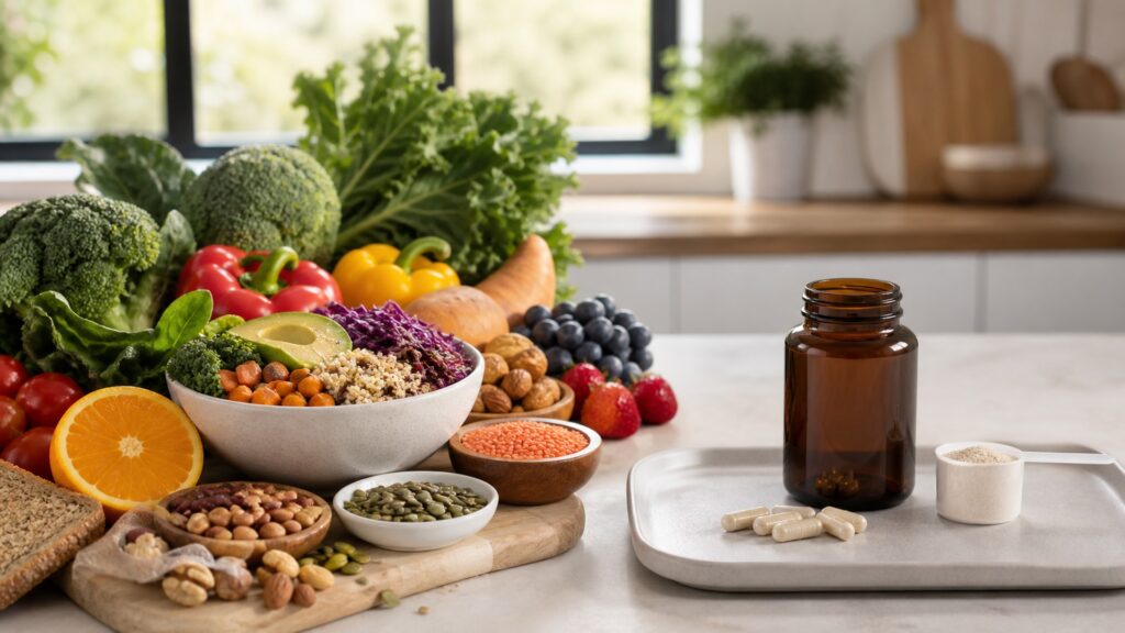 Whole foods and a prepared bowl contrasted with a neutral supplement bottle, capsules, and measuring scoop