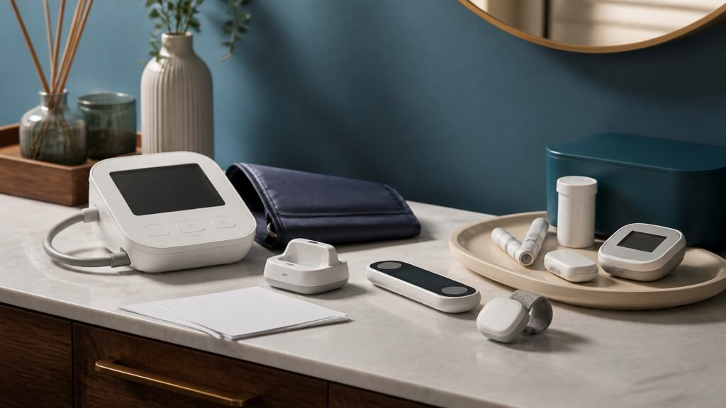 People-free editorial still life illustrating pressure or rhythm data versus glucose chemistry