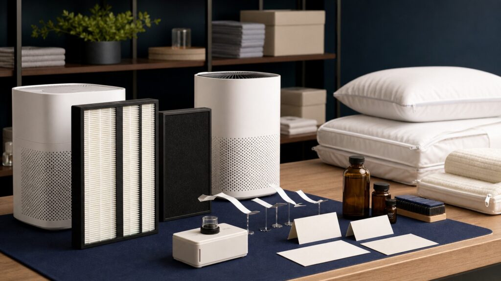 People-free editorial still life illustrating room-air particle capture contrasted with bedding reservoir and humidity control