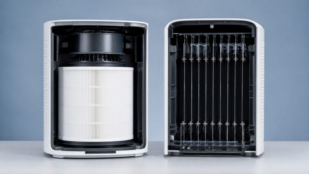Opened HEPA purifier with pleated filter beside an ionic purifier with collector plates and emitter wires