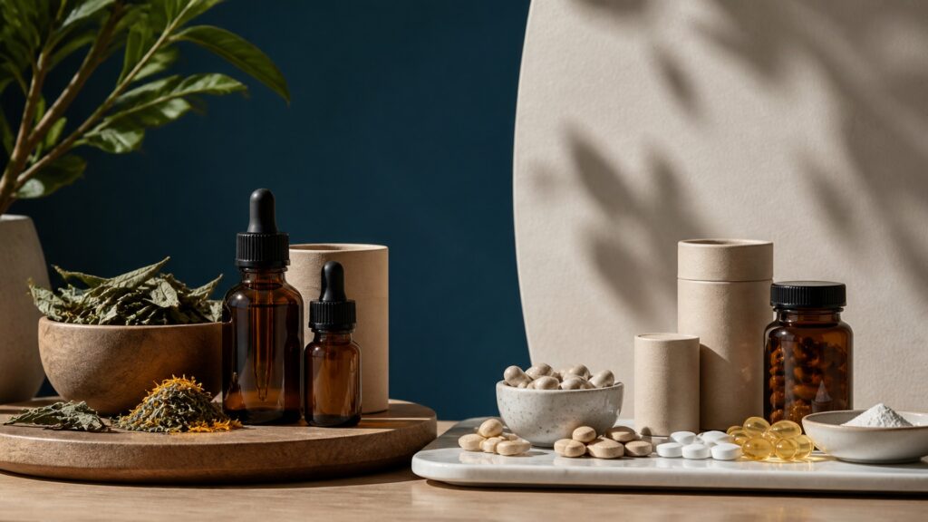 People-free editorial still life illustrating herbal supplements different from vitamin supplements