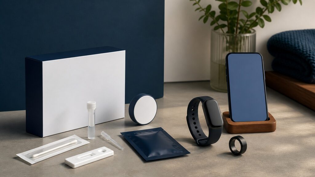 People-free editorial still life illustrating single specimen test versus passive sensor trend