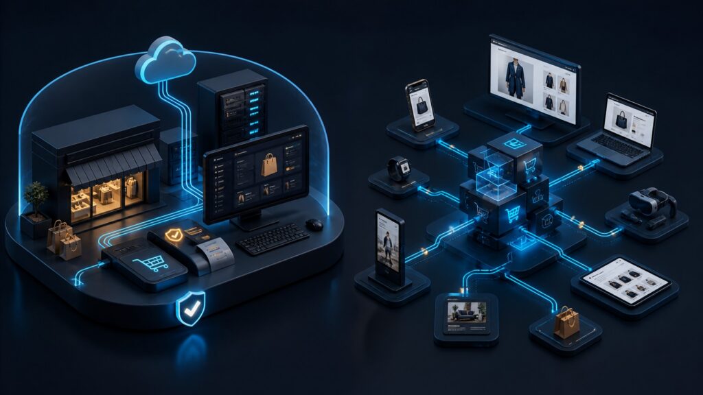 Editorial business scene illustrating hosted ecommerce platforms and headless ecommerce platforms