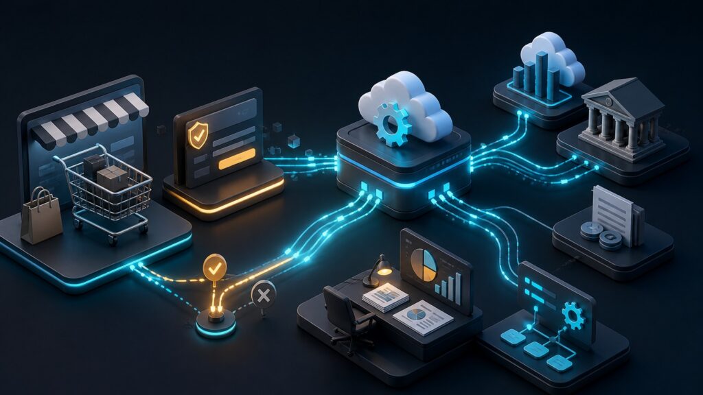 Editorial business scene illustrating hosted shopping cart platforms and cloud accounting software