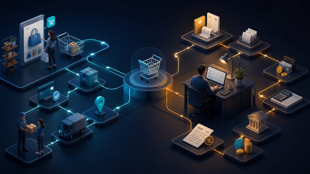 Editorial business scene illustrating hosted shopping cart platforms and freelancer accounting software