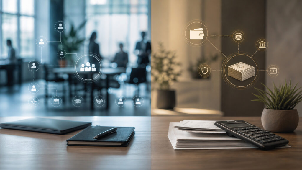 Editorial business scene illustrating hr management systems and payroll software