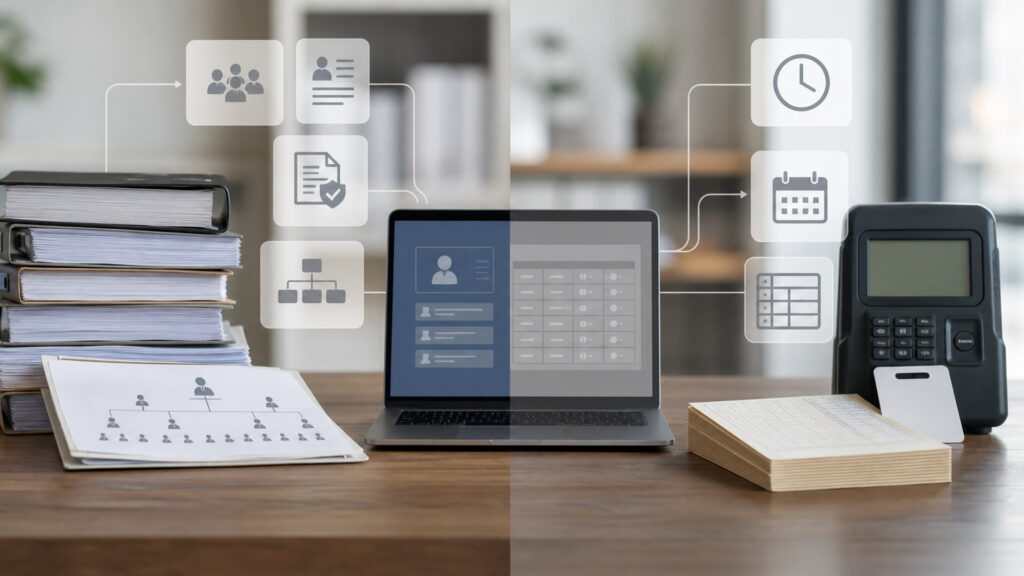 Editorial business scene illustrating hr management systems and time tracking software