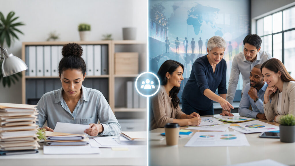 Editorial business scene illustrating hris systems and hcm systems
