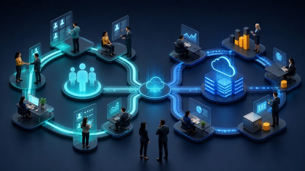 Editorial business scene illustrating human capital management platforms and cloud accounting software
