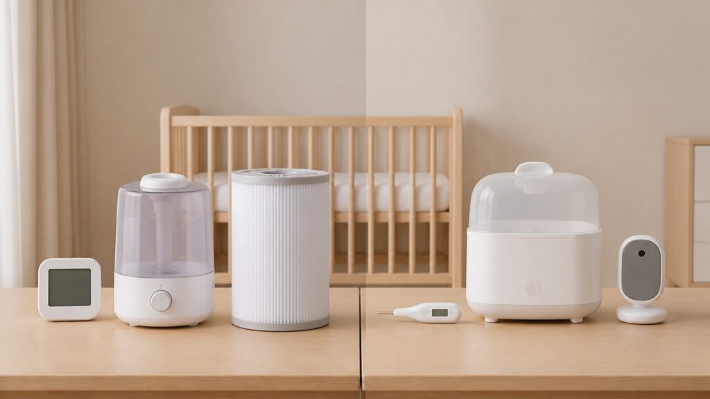 People-free editorial still life illustrating room moisture tools versus infant care devices