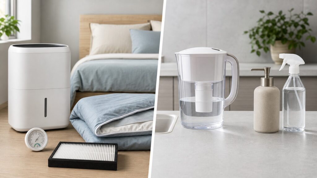 People-free editorial still life illustrating indoor moisture management versus water and surface sanitation