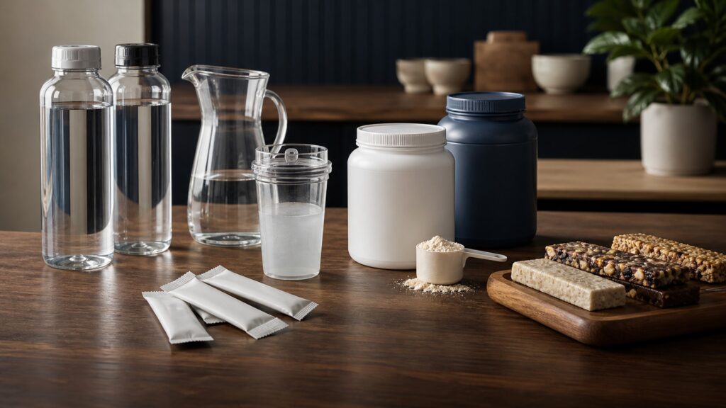 People-free editorial still life illustrating liquid hydration role versus solid protein snack