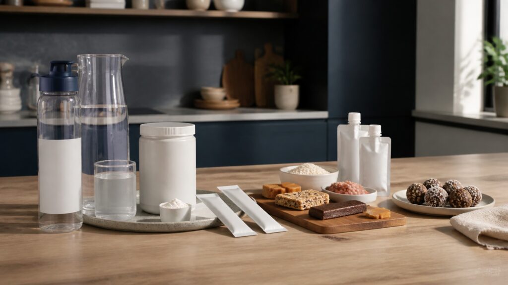 People-free editorial still life illustrating beverage format versus activity-specific food category