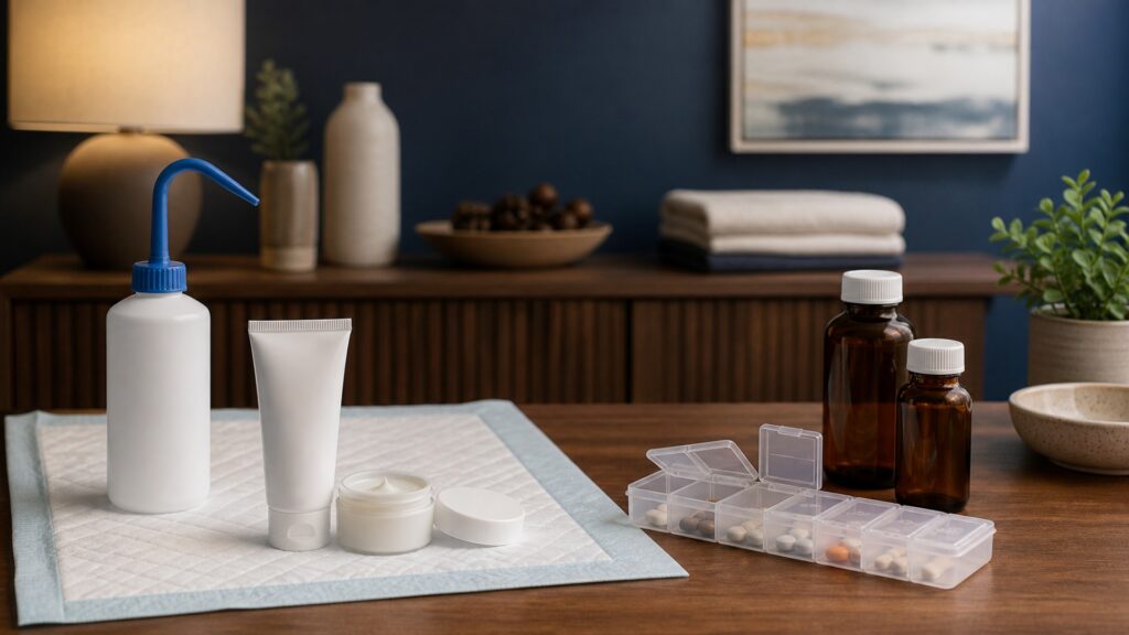 People-free editorial still life illustrating continence systems versus medicine control
