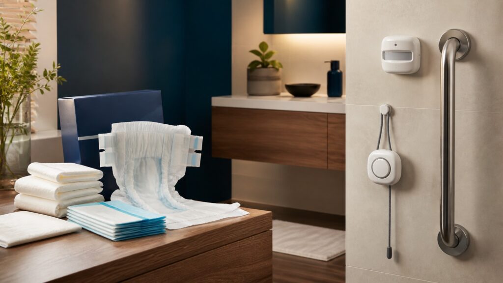 People-free editorial still life illustrating hygiene support versus senior hazard reduction