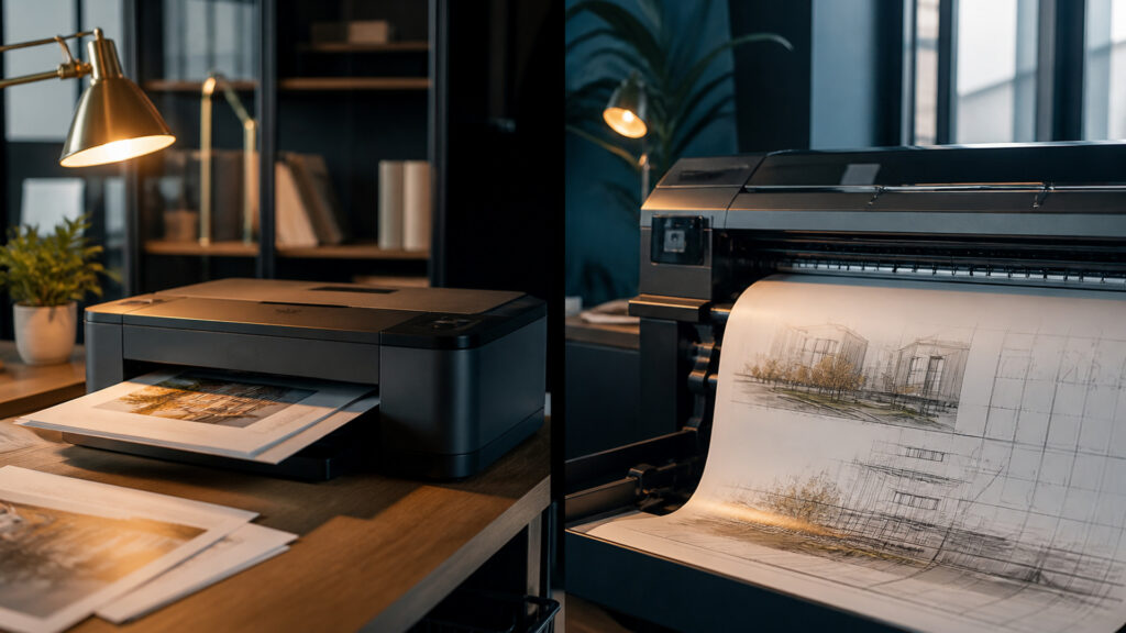Editorial business scene illustrating inkjet office printers and wide format office printers