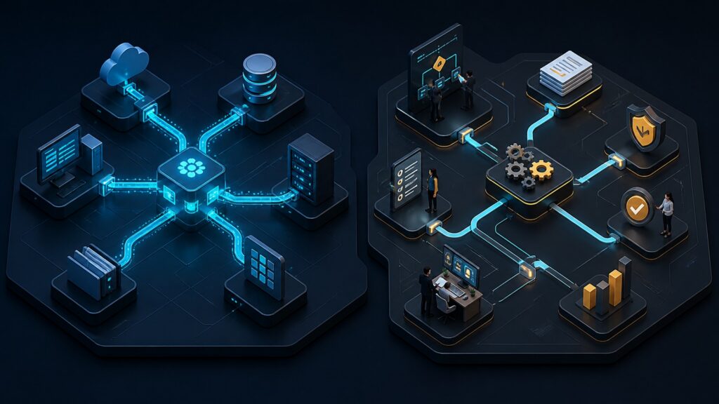 Editorial business scene illustrating integration automation software and business process automation software