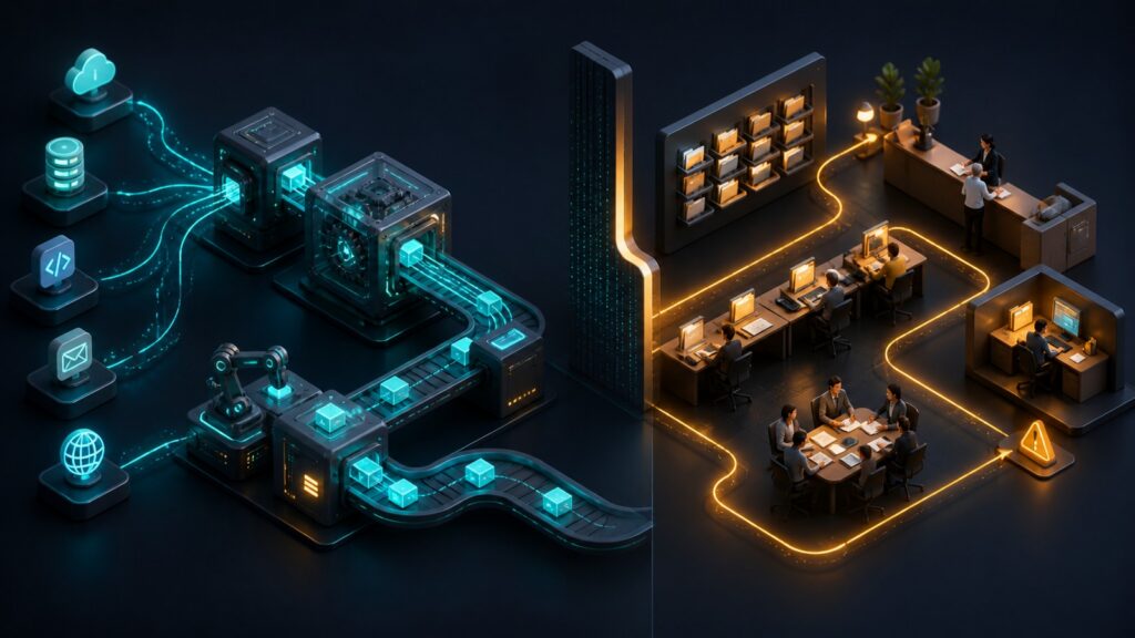 Editorial business scene illustrating integration automation software and workflow management systems