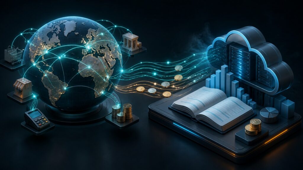 Editorial business scene illustrating international merchant accounts and cloud accounting software
