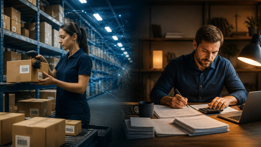 Editorial business scene illustrating inventory barcode systems and freelancer accounting software