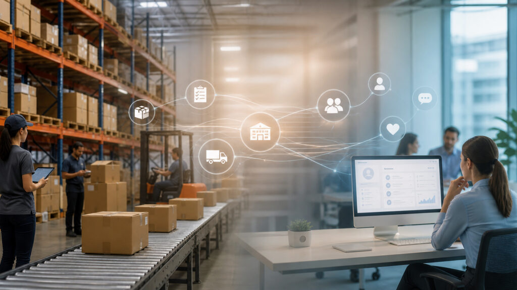 Editorial business scene illustrating inventory management software and (crm) software