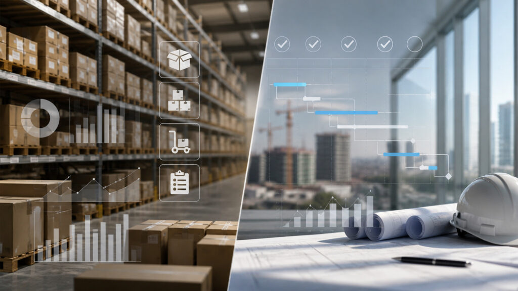 Editorial business scene illustrating inventory management software and project management software