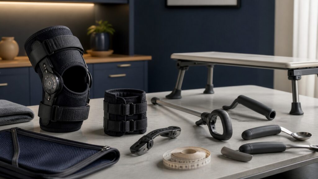 People-free editorial still life illustrating body-worn joint control versus adapted task equipment